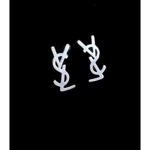 YSL Yves Saint Laurent Monogram‎ Stud Earrings Silver Tone